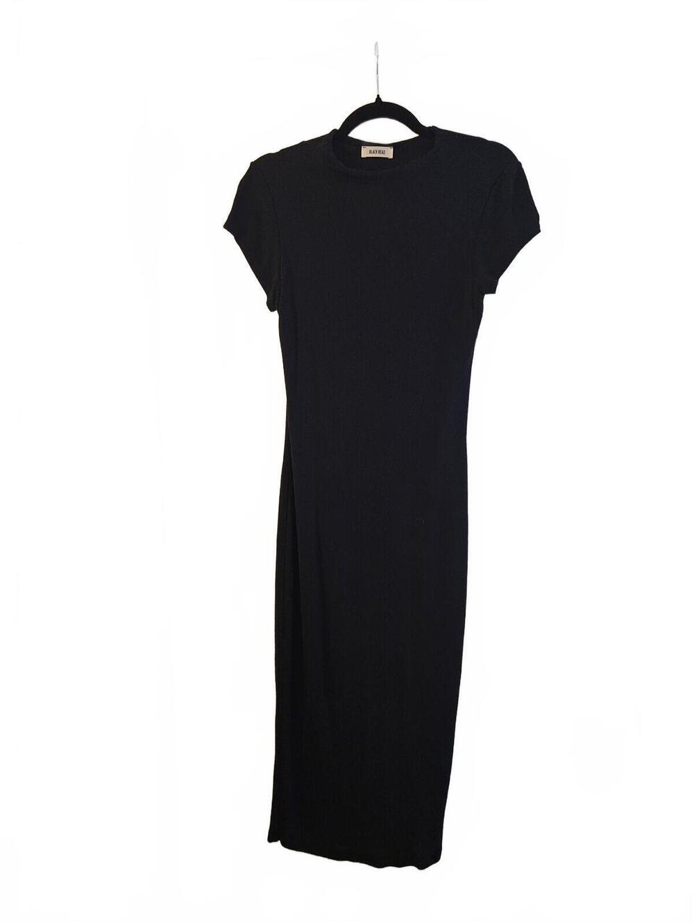 Black Bead Classic Black Midi Dress with Short Sleeves Size M